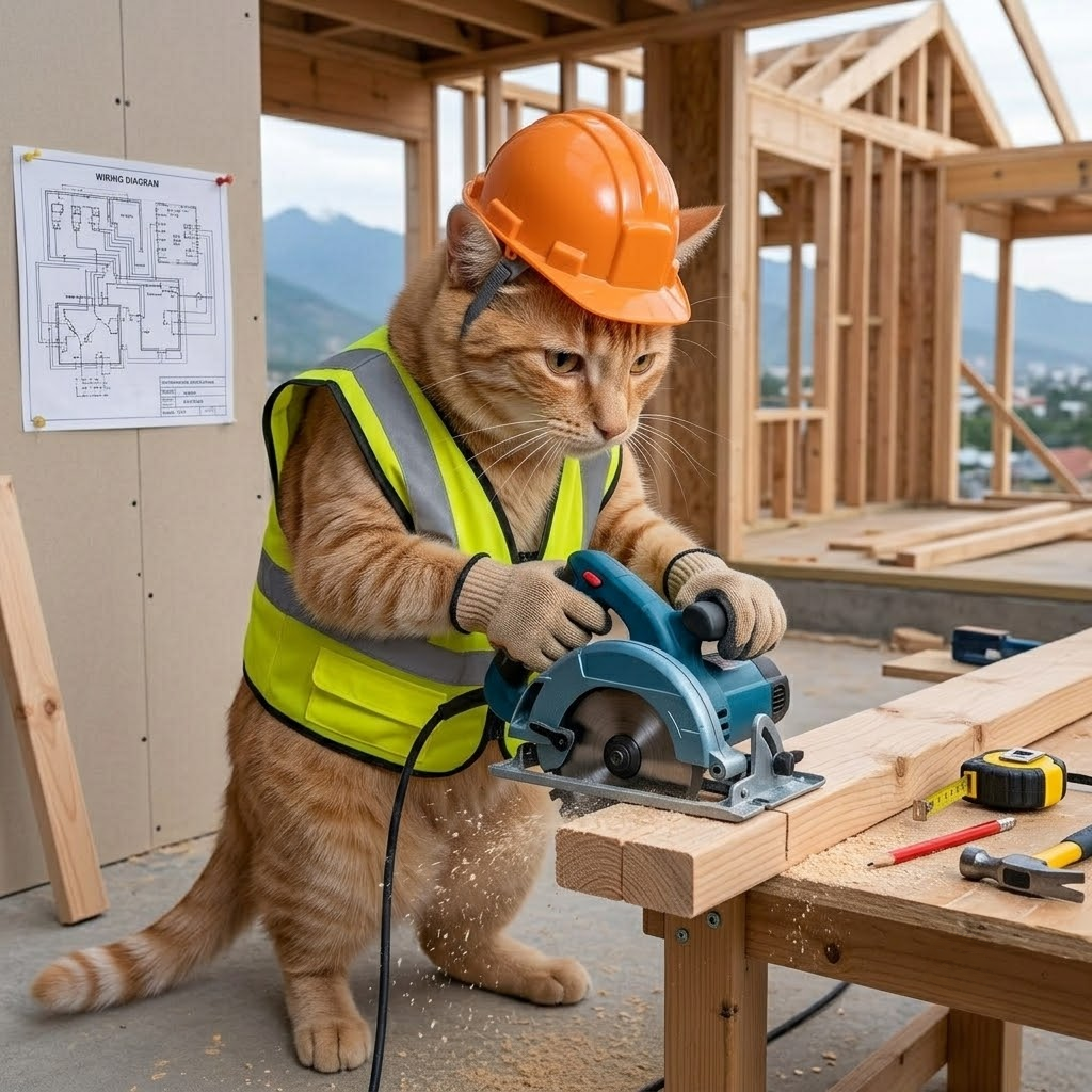 cat using a circular saw on the job site